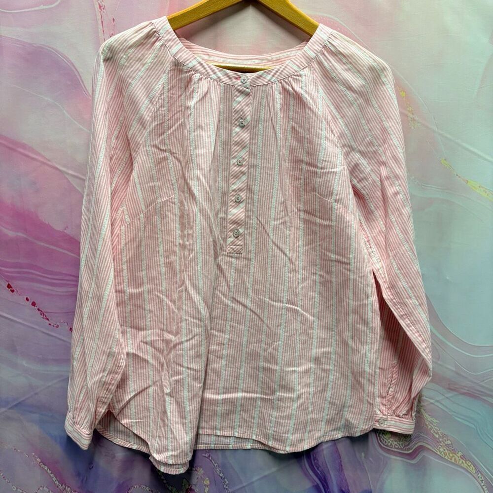 Talbots M Pink White Striped Henley Blouse Preppy Old Money Romantic Artsy Chic